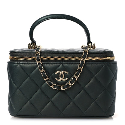 Iridescent Lambskin Quilted Small Top Handle Vanity Case With Chain Green