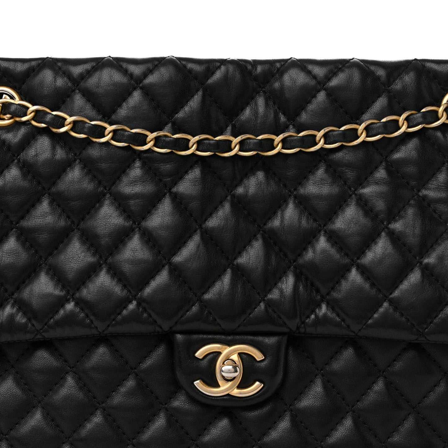 Lambskin Quilted Large Fluffy CC Shopping Tote Black