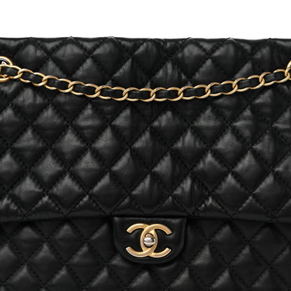 Lambskin Quilted Large Fluffy CC Shopping Tote Black