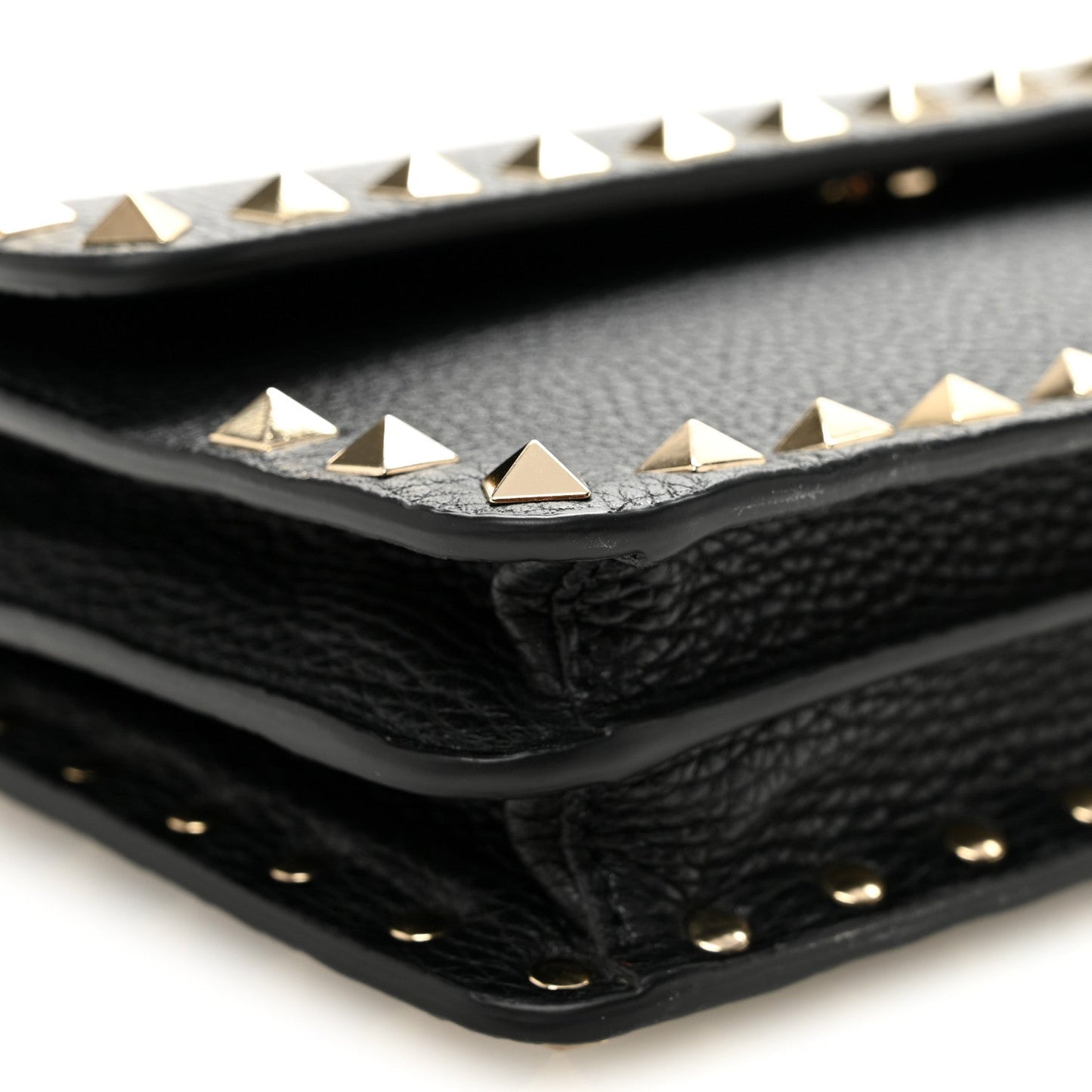 Pebbled Calfskin Rockstud Flap Wallet On Chain Black