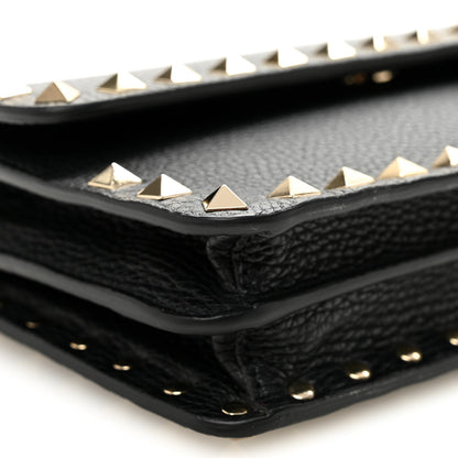 Pebbled Calfskin Rockstud Flap Wallet On Chain Black