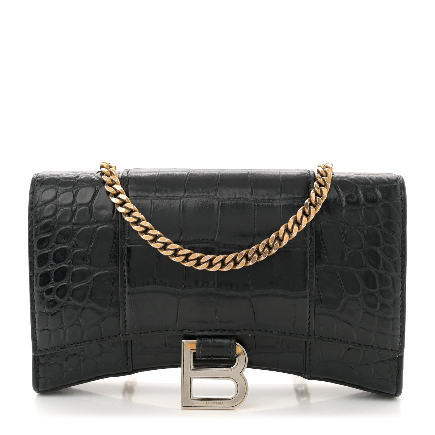 Shiny Calfskin Crocodile Embossed Hourglass Chain Bag Black