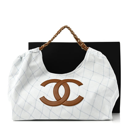 Denim Calfskin Quilted Coco Beach Small Shopping Tote Light Blue Brown