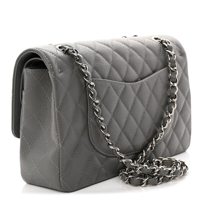 Caviar Quilted Medium Double Flap Grey