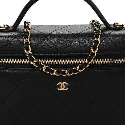 Goatskin Quilted Top Handle Slim Vanity With Chain Black