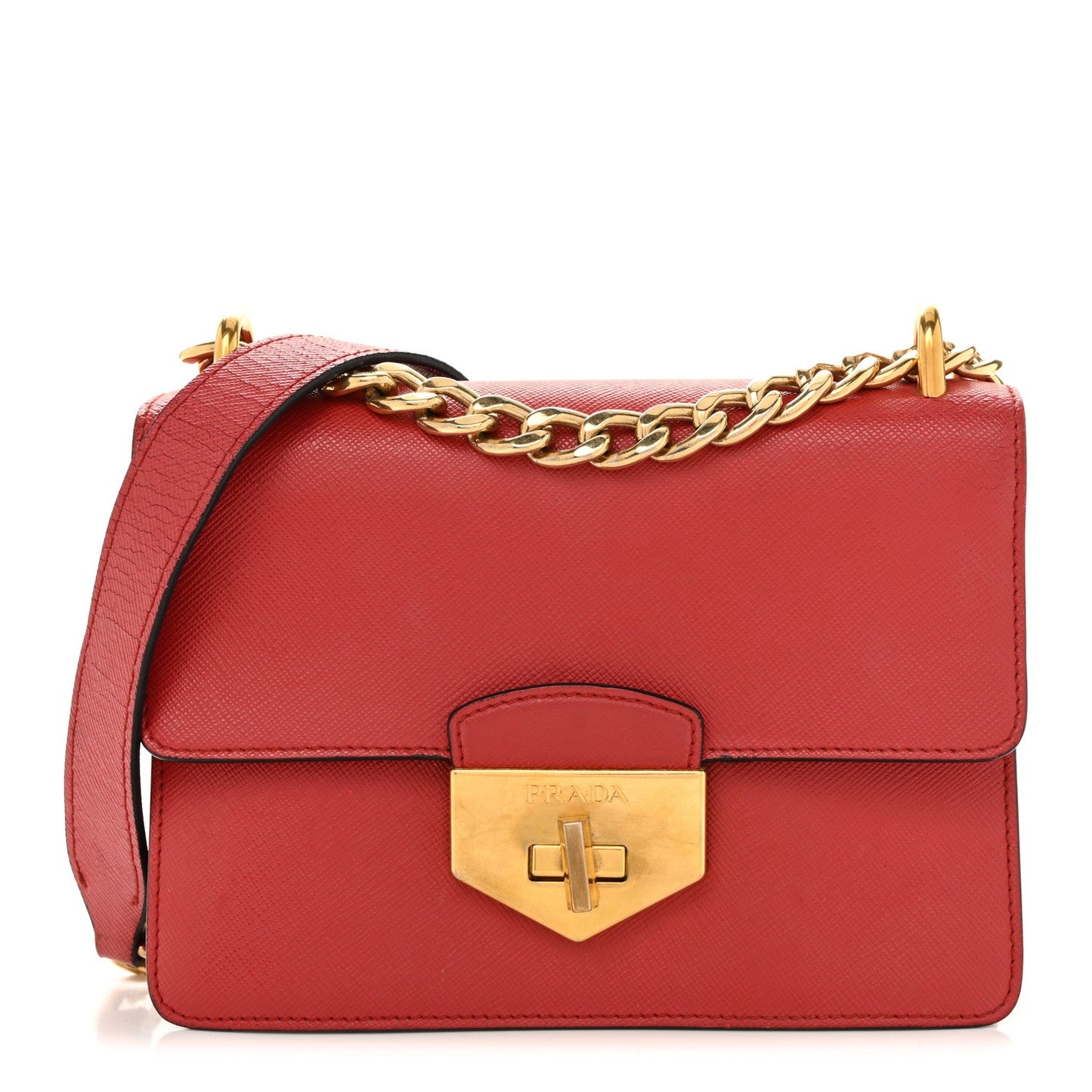 Saffiano Turn Lock Chain Shoulder Bag Fuoco