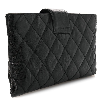 Crumpled Grained Calfskin Quilted Coco Pleats Clutch Black