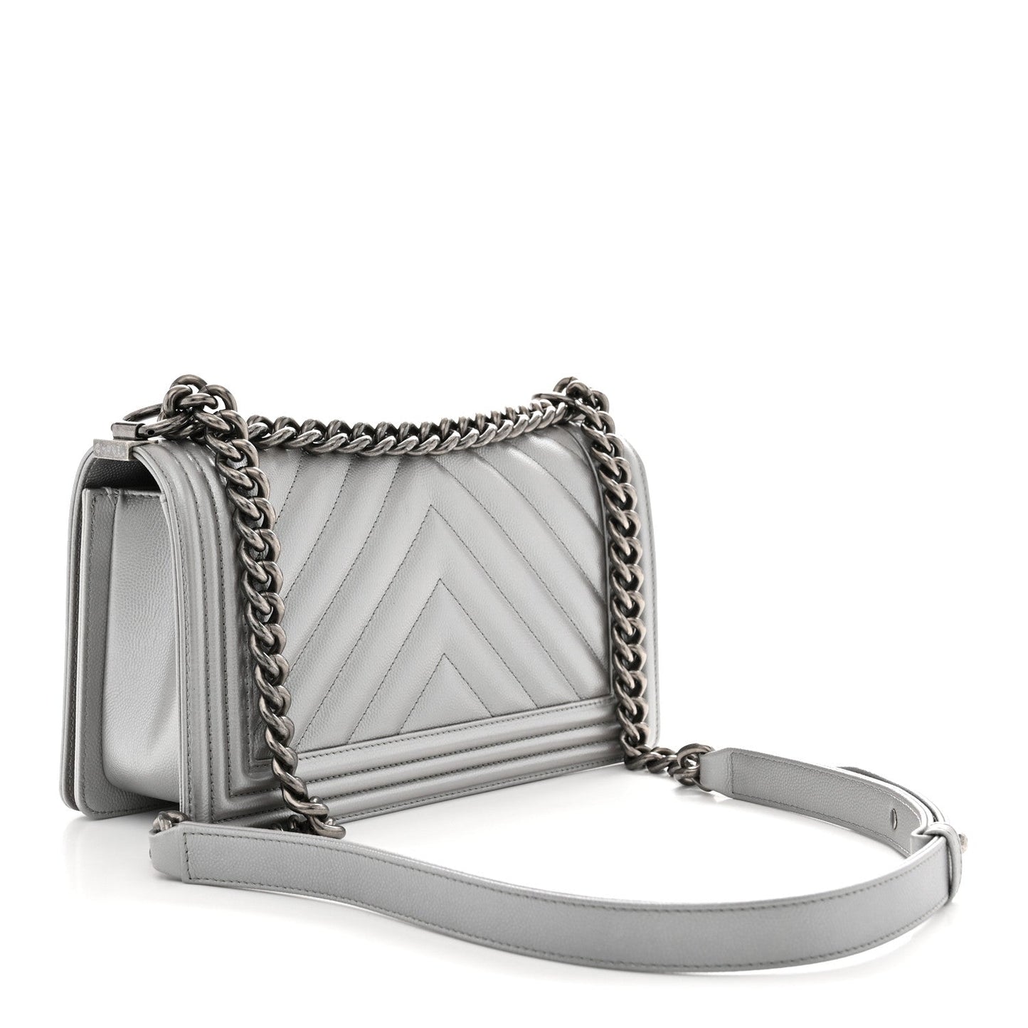 Metallic Caviar Chevron Quilted Medium Boy Flap Silver