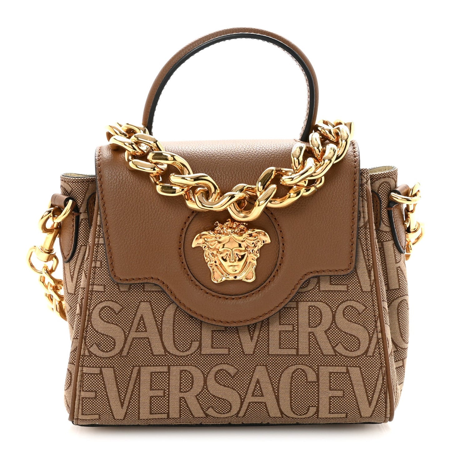 Calfskin Canvas Allover La Medusa Small Top Handle Handbag Brown