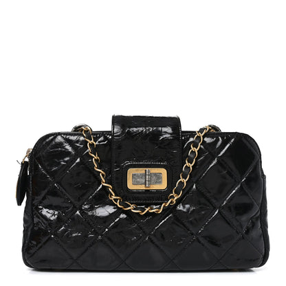 Glazed Crinkled Lambskin Small Reissue Zip Shopping Tote Black