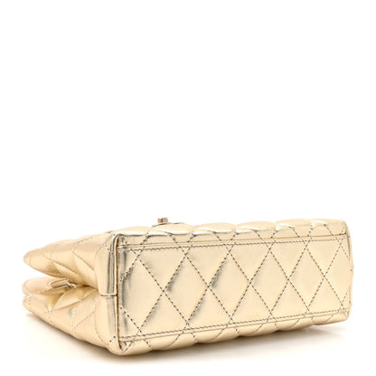Metallic Shiny Aged Calfskin Quilted Nano Kelly Shopper Gold