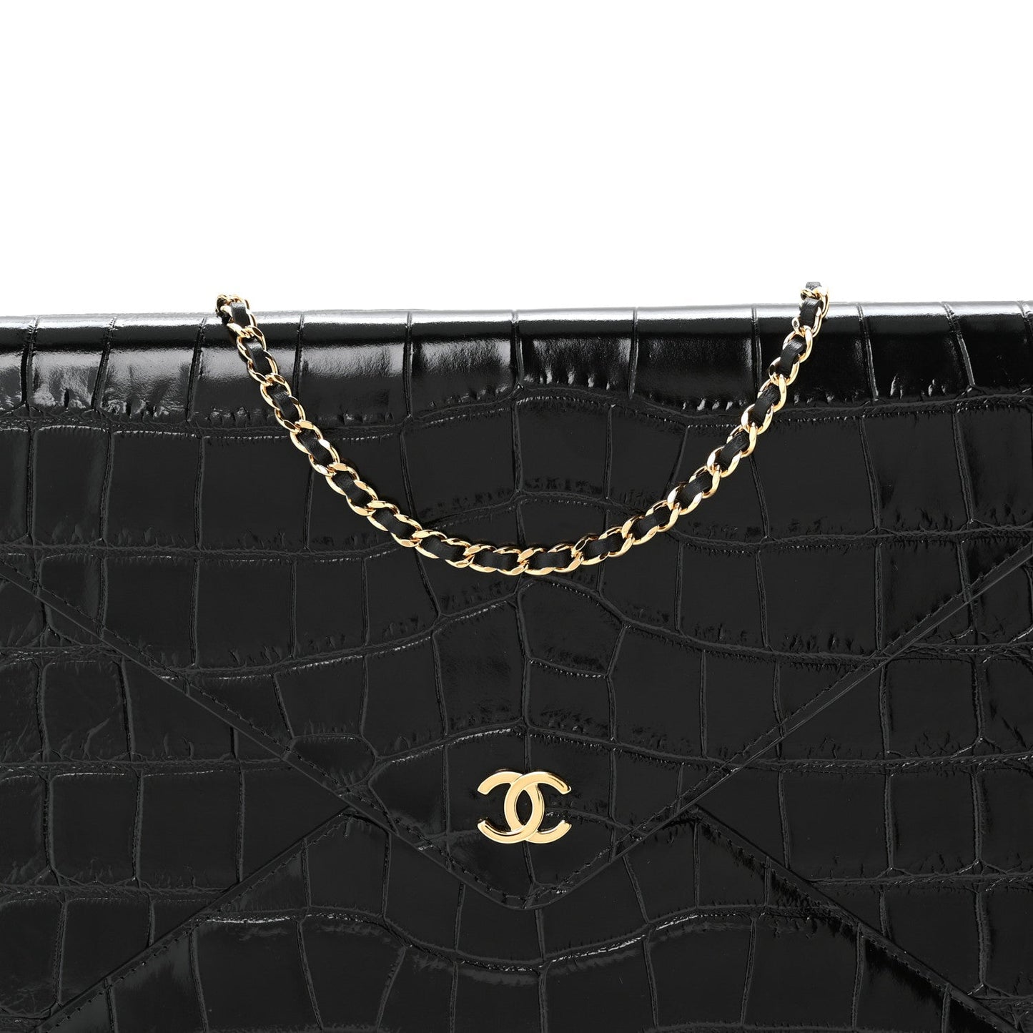 Calfskin Crocodile Embossed Croc Illusion Clutch With Chain Black