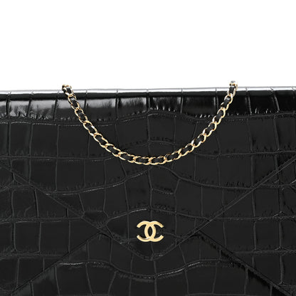 Calfskin Crocodile Embossed Croc Illusion Clutch With Chain Black