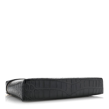 Calfskin Crocodile Embossed Large Top Handle Slim Vanity Case With Chain  Grey