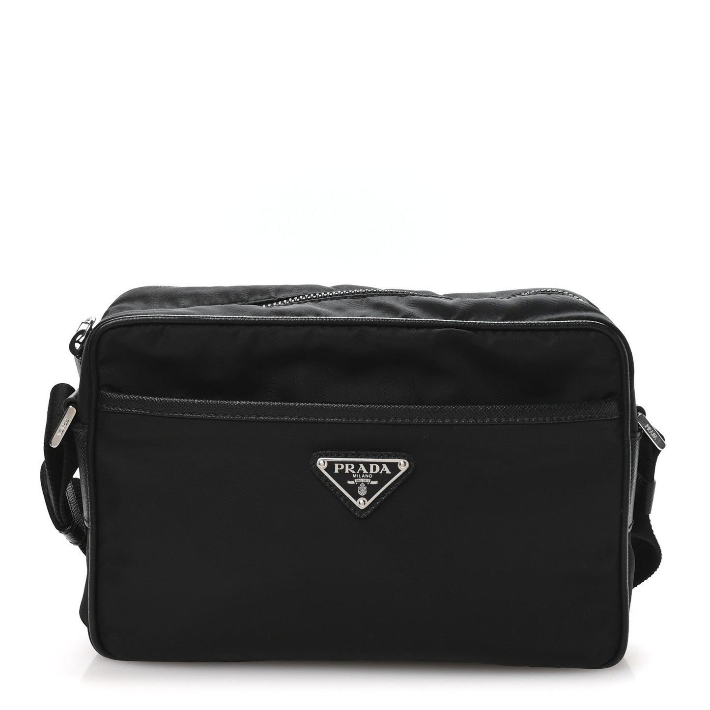 Re-Nylon Vela Saffiano Pocket Double Zip Shoulder Bag Black
