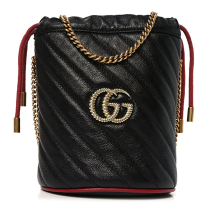 Vintage Effect Calfskin Matelasse Diagonal Mini Torchon GG Marmont 2.0 Bucket Bag Black Romantic Cherry