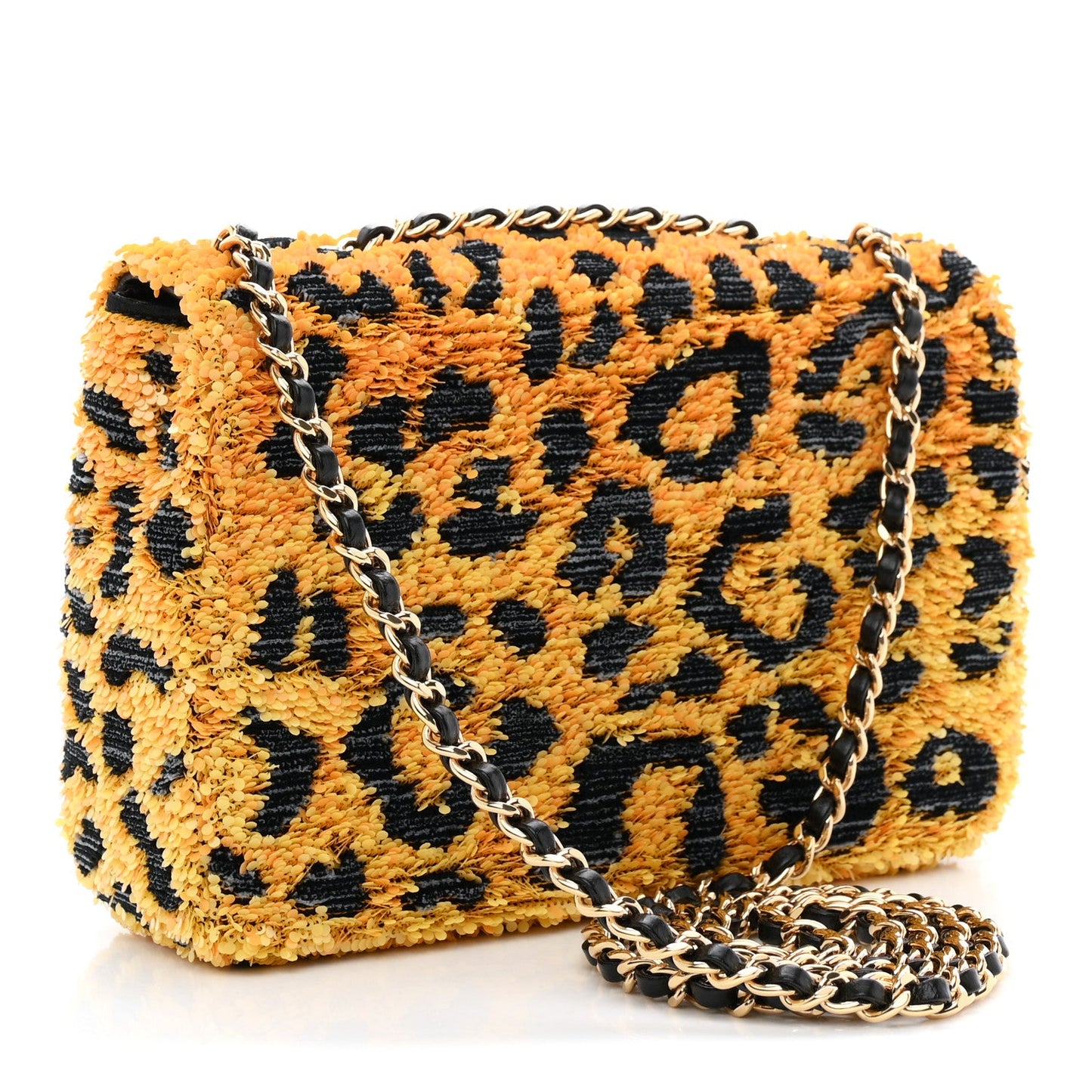 Sequin Mixed Fibers Leopard Print Mini Rectangular Flap Black Orange