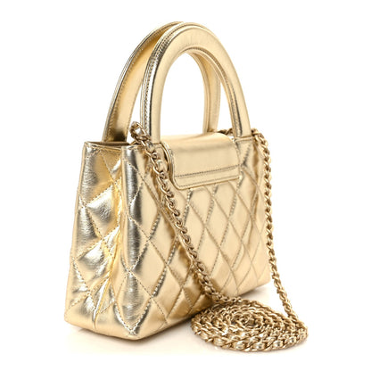 Metallic Shiny Aged Calfskin Quilted Nano Kelly Shopper Gold