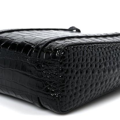 Shiny Calfskin Logo Crocodile Embossed XXS Everyday Tote  Black