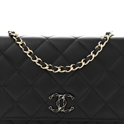 Lambskin Quilted Enamel CC Wallet On Chain WOC Black