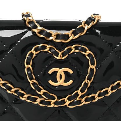 Patent Quilted Chain Around Heart Mini Chain Flap Black