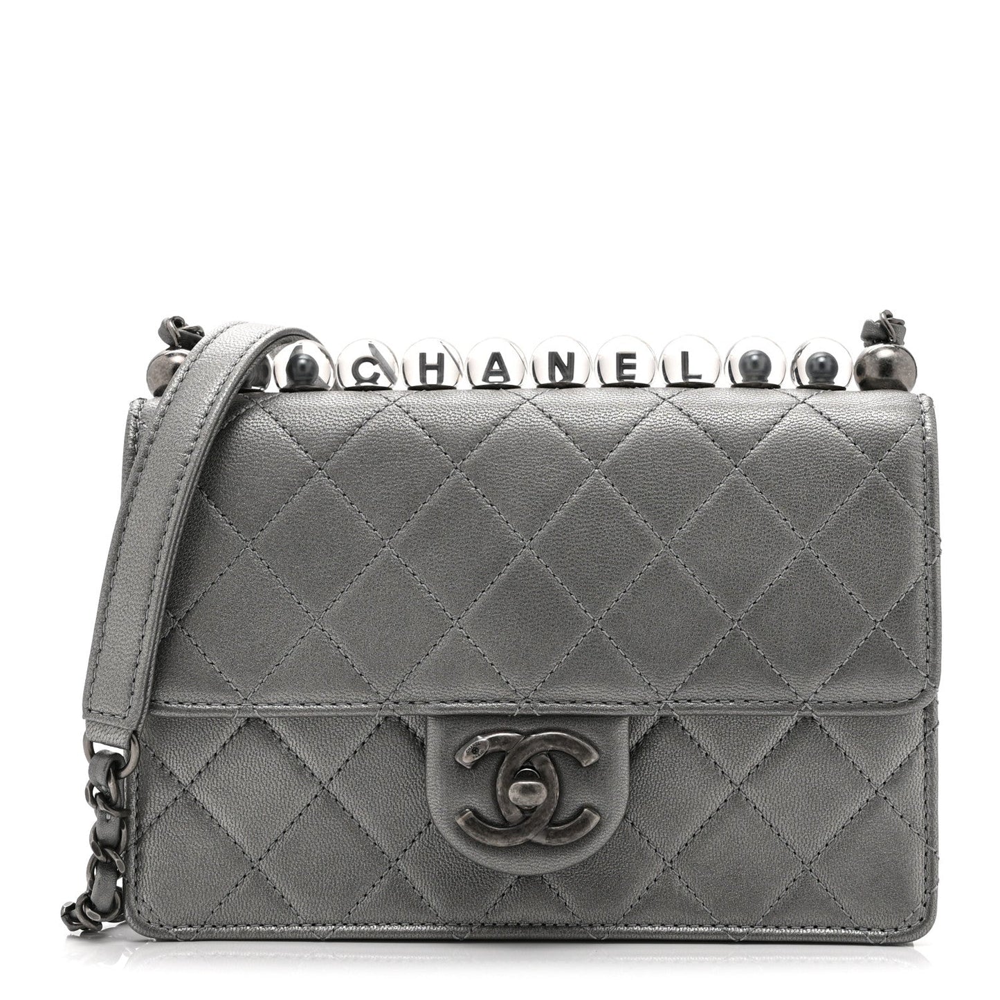 Metallic Goatskin Quilted Small Chic Pearls Flap Silver