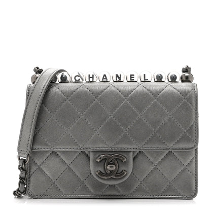 Metallic Goatskin Quilted Small Chic Pearls Flap Silver