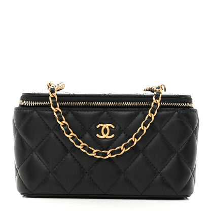 Lambskin Quilted Pearl Crush Small Vanity Case With Chain Black