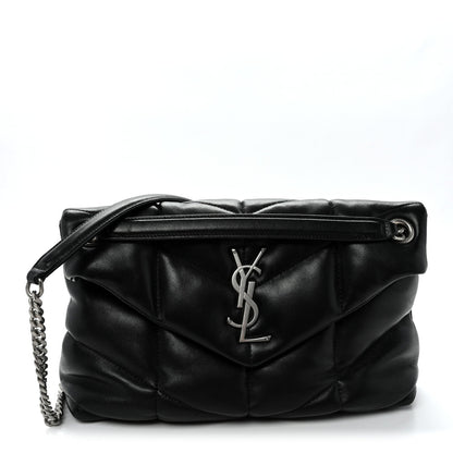 Lambskin Quilted Small Loulou Puffer Monogram Chain Satchel Black