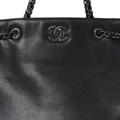 Metallic Grained Calfskin Woven Chain Large Shopping Bag Black
