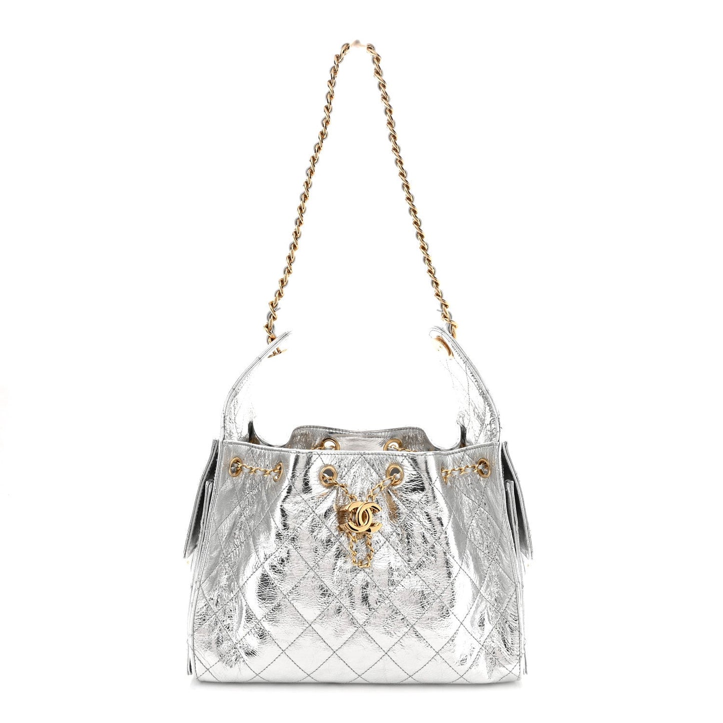 Metallic Crumpled Calfskin Quilted Small Chanel 25 Handbag Silvery