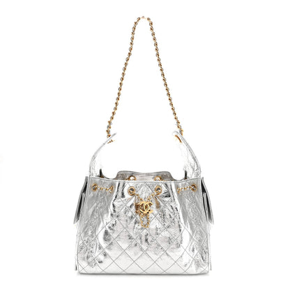 Metallic Crumpled Calfskin Quilted Small Chanel 25 Handbag Silvery