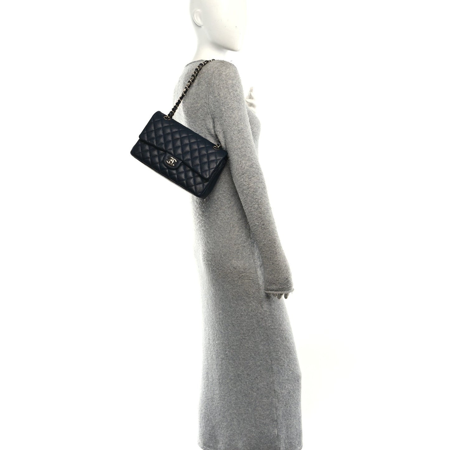 Caviar Quilted Medium Double Flap Navy
