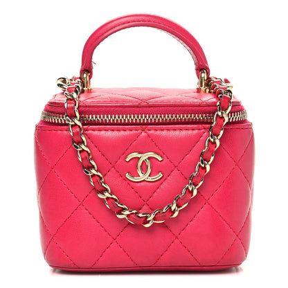 Lambskin Quilted Mini Top Handle Vanity Case With Chain Dark Pink