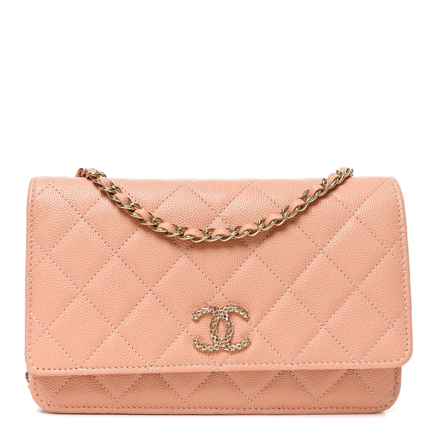 Caviar Quilted Perforated Metal CC Wallet On Chain WOC Beige