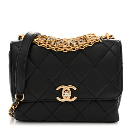 Lambskin Quilted Mini CC Crystal Logo Chain Flap Black