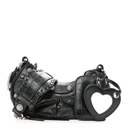 Extra Supple Calfskin Crystal Crocodile Embossed Le Cagole Shoulder Bag XS Black