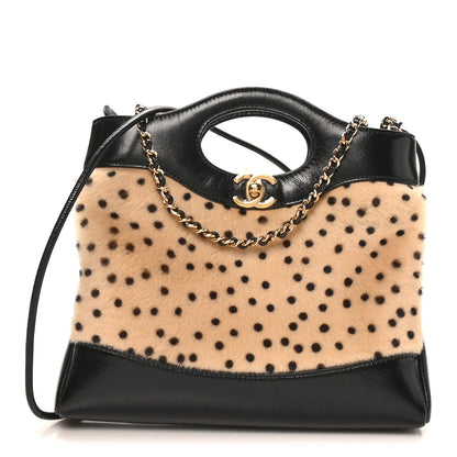 Shiny Lambskin Pony Hair Cheetah Printed Mini 31 Shopping Bag Light Beige Black