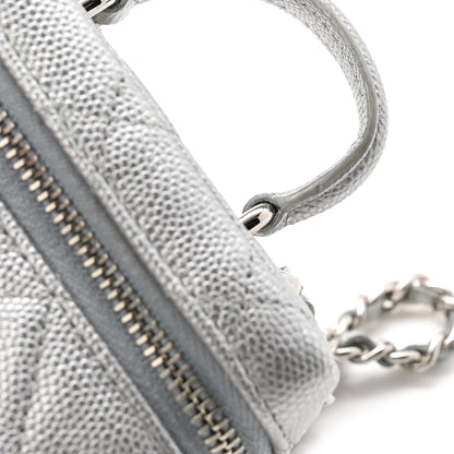 Metallic Caviar Quilted Mini Top Handle Vanity With Chain Silver
