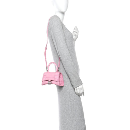 Shiny Calfskin Crocodile Embossed Hourglass Top Handle Bag XS Sweet Pink