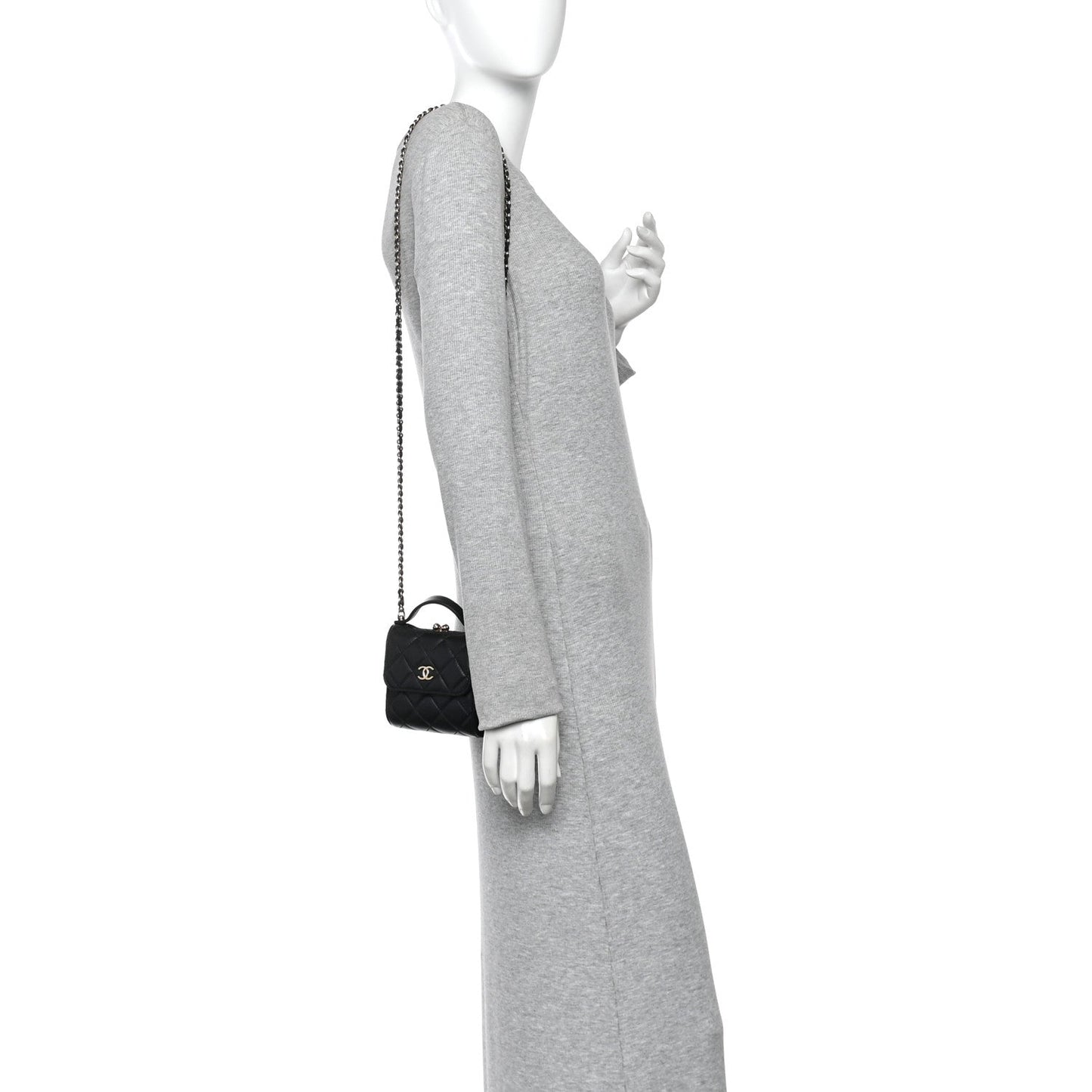 Lambskin Quilted Kiss Lock Top Handle Flap Clutch With Chain Black