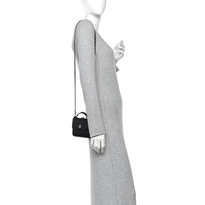 Lambskin Quilted Kiss Lock Top Handle Flap Clutch With Chain Black