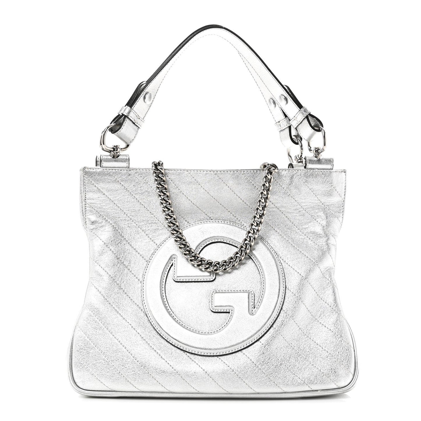 Sakai Be Green Calfskin Diagonal Stitched Small Blondie Tote Silver