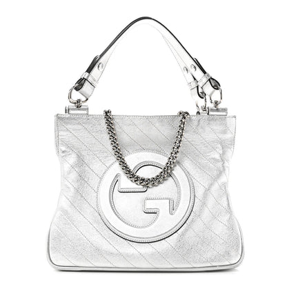 Sakai Be Green Calfskin Diagonal Stitched Small Blondie Tote Silver