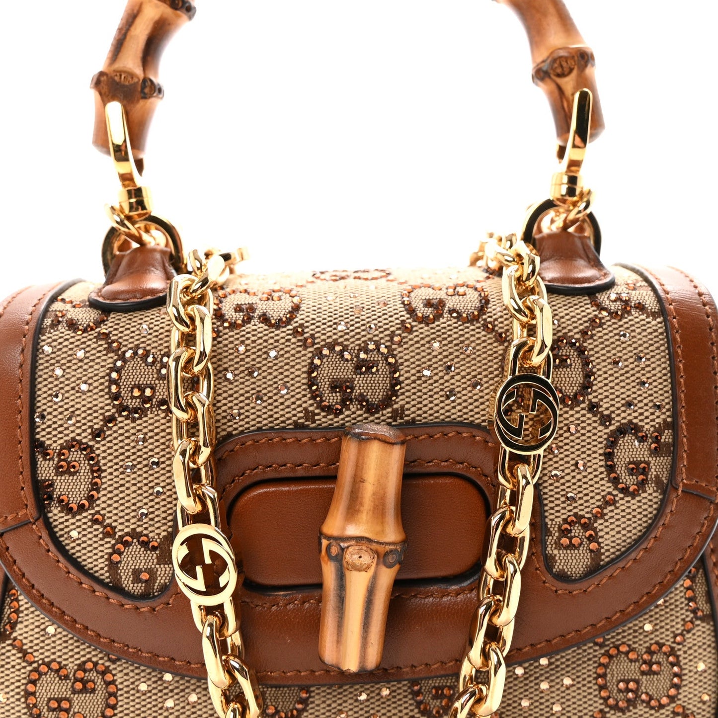 New Canvas Charisma Calfskin Crystal GG Monogram Small Bamboo 1947 Top Handle Bag Camel Ebony
