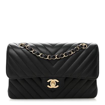 Caviar Flat Chevron Quilted Small Double Flap Black