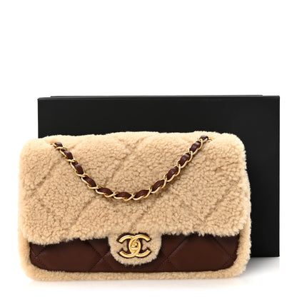 Shearling Lambskin Quilted Furry Coco Flap Beige Dark Brown