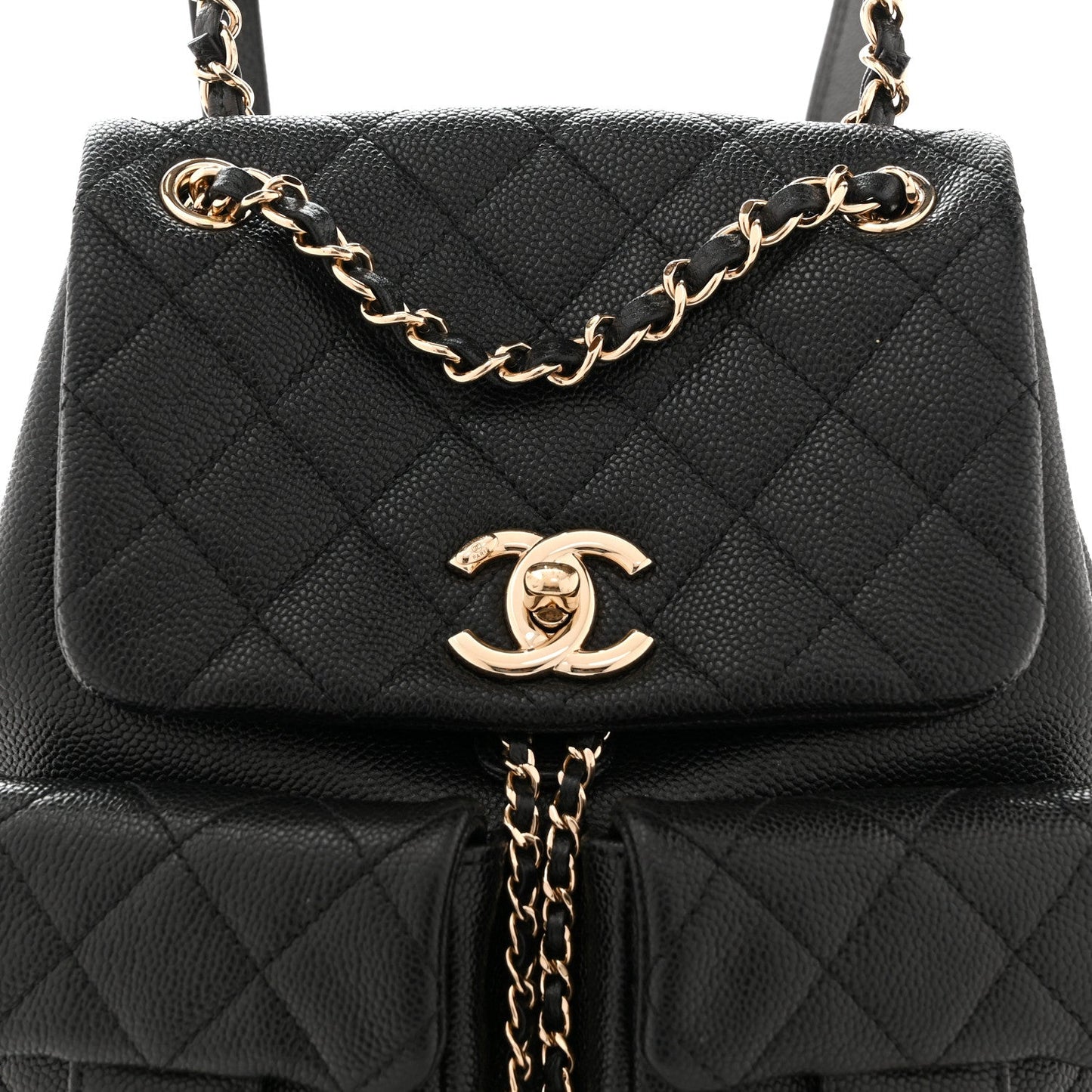 Shiny Caviar Quilted Medium Duma Pockets Drawstring Backpack Black
