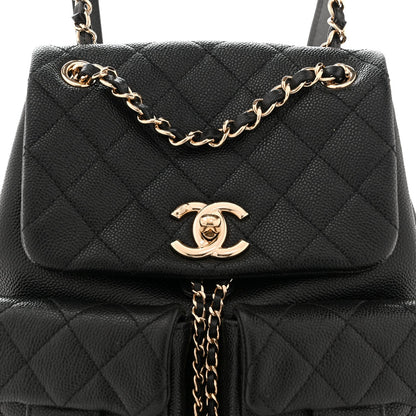 Shiny Caviar Quilted Medium Duma Pockets Drawstring Backpack Black