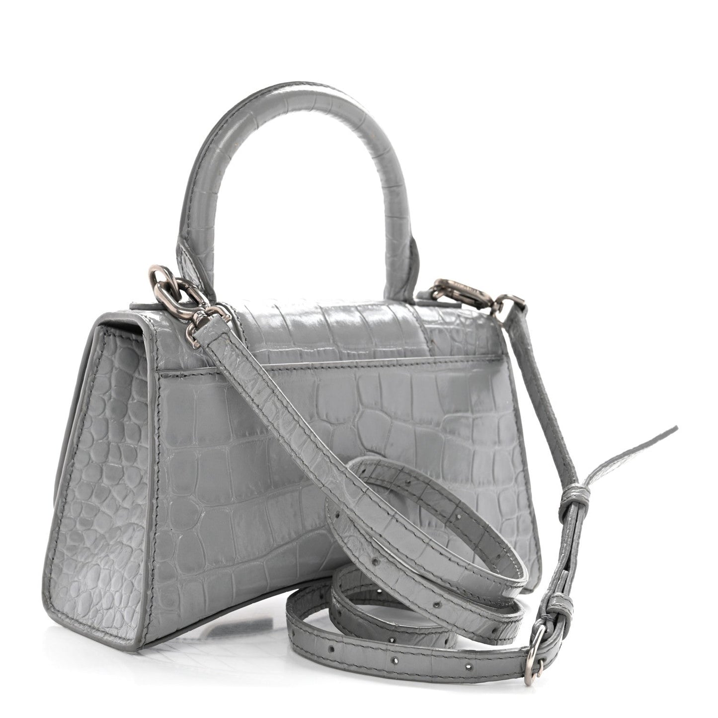 Shiny Calfskin Crocodile Embossed Hourglass Top Handle Bag XS Balenciaga Grey